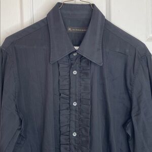 BURBERRY MENS CHARCOAL RUFFLED FRONT BUTTON DOWN TUXEDO STYLE SHIRT SIZE 41-16